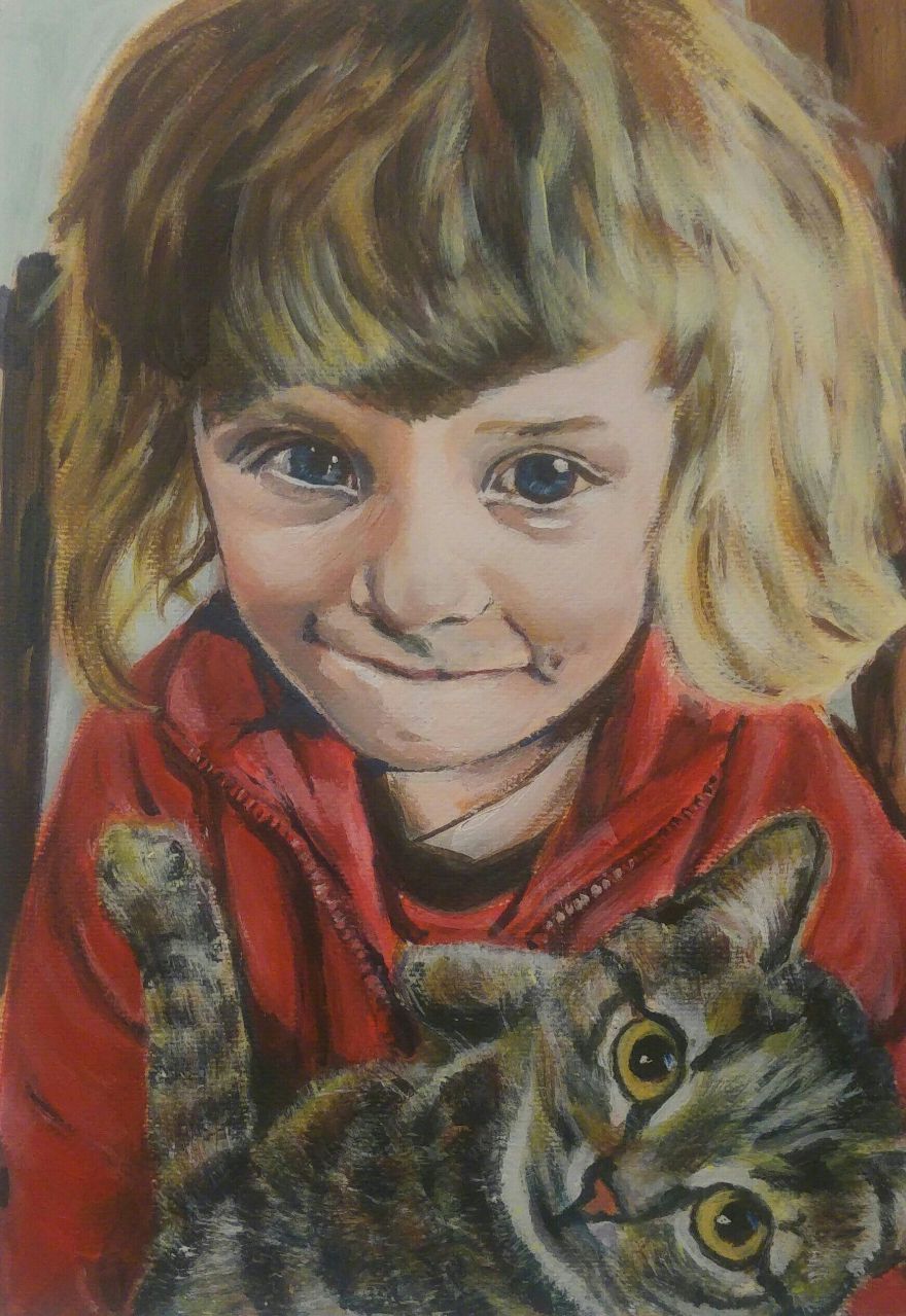 Lille pige med kat/Akrylmaleri 20 x 30 cm, 2022